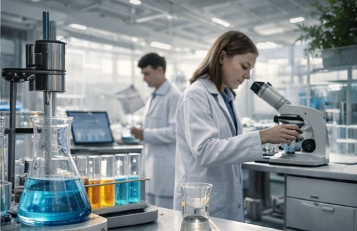 Laboratory team evaluating representative fluid samples